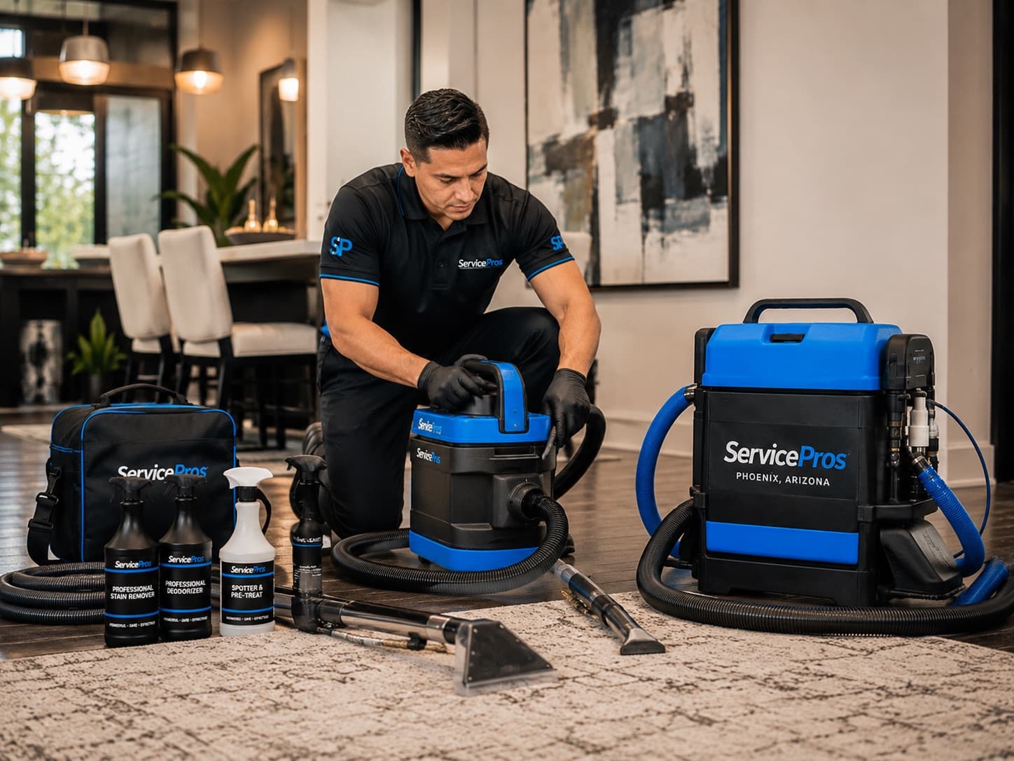 ServicePros commercial equipment — truck-mounted vacuum, power brushes, HEPA filtration