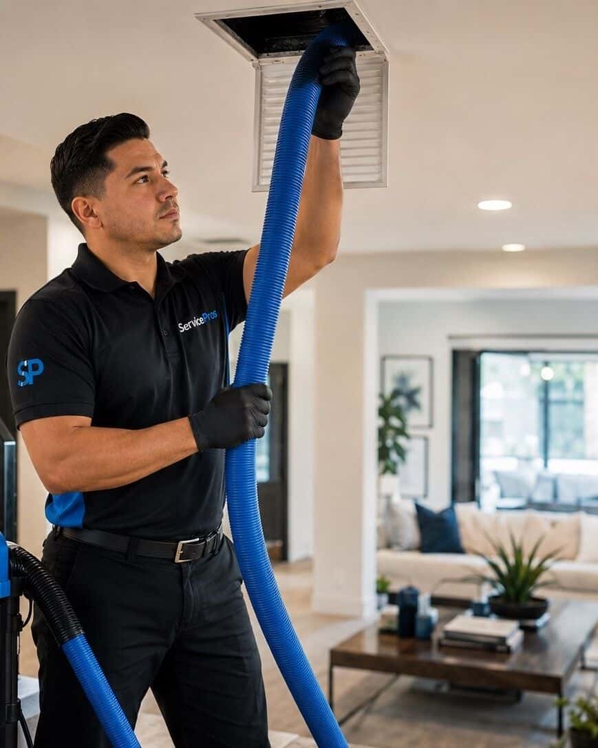 ServicePros technician servicing a home's HVAC and chimney system in Portland, Oregon