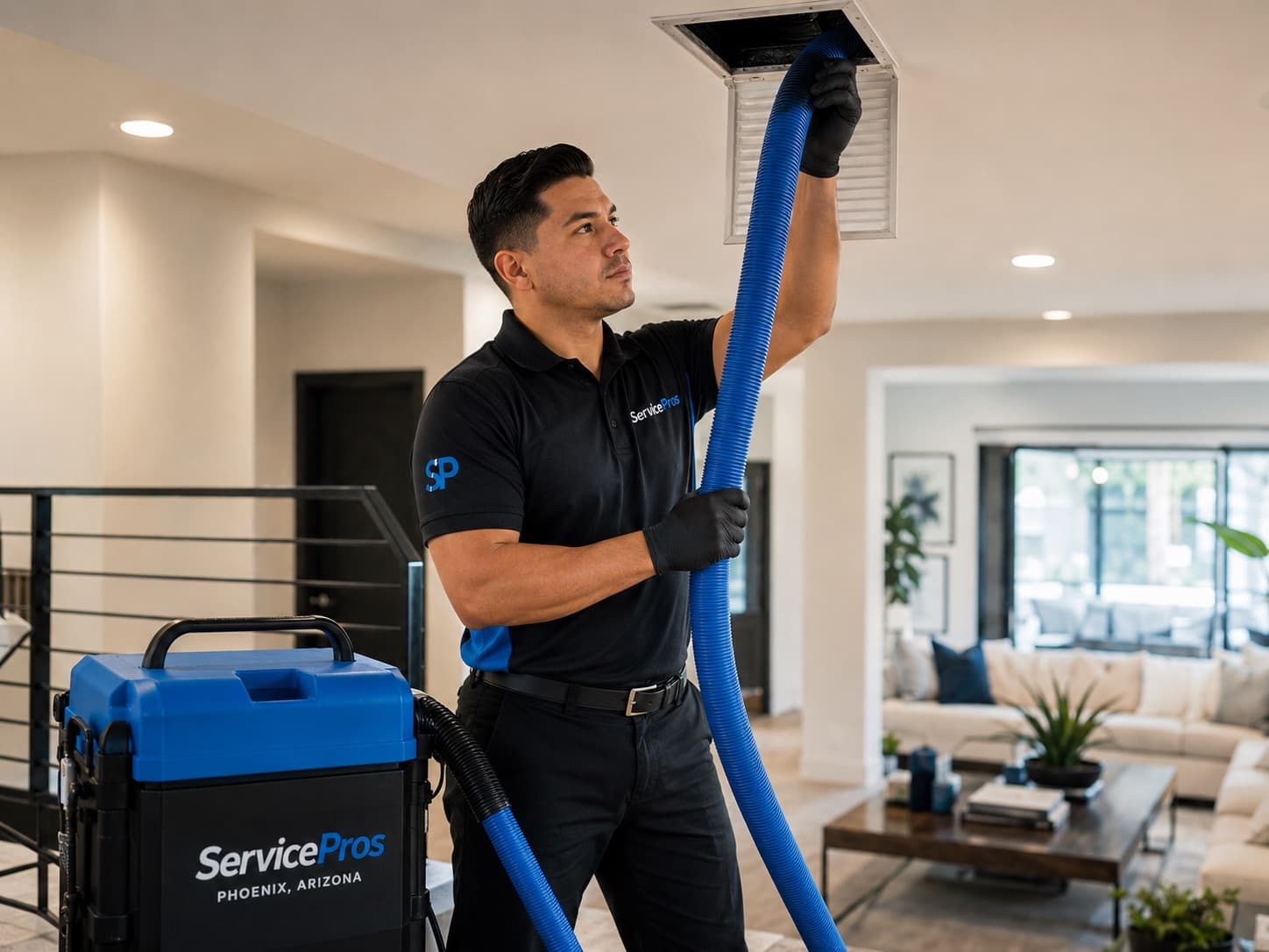 ServicePros technician cleaning air ducts in a Portland home