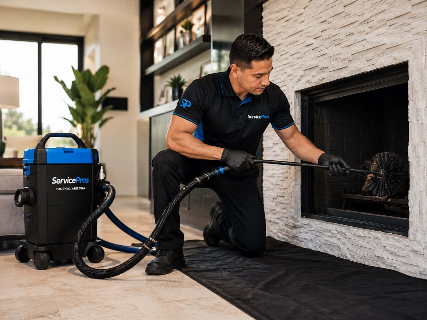 Chimney sweep cleaning a Portland fireplace flue — ServicePros