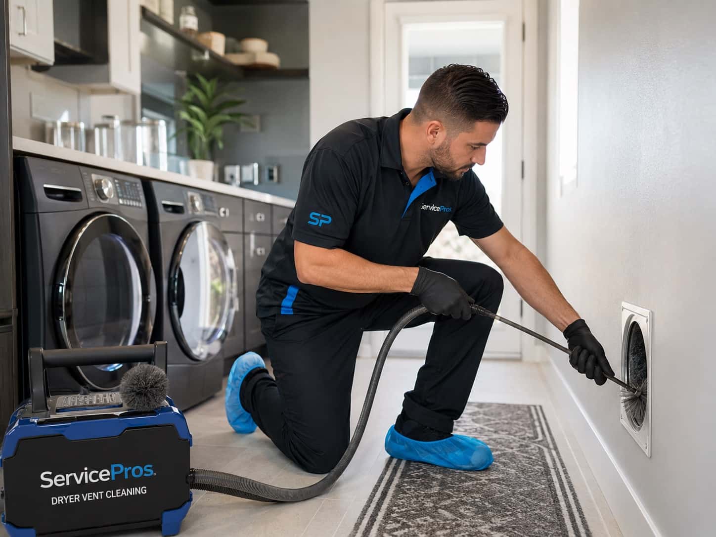 Dryer vent cleaning technician in a Portland laundry room — ServicePros