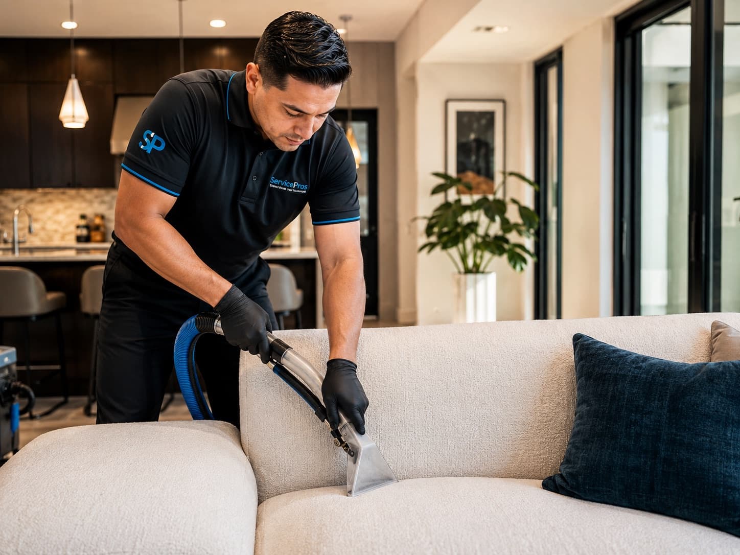 Phoenix upholstery cleaning service by ServicePros — sofa cleaning in progress
